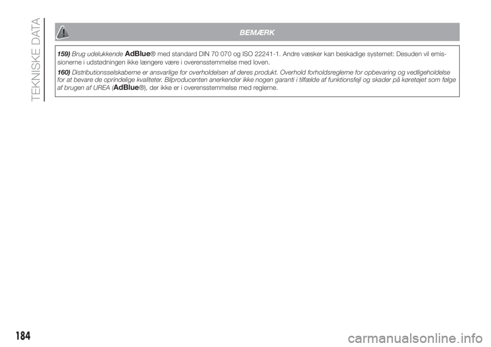 FIAT FIORINO 2019  Brugs- og vedligeholdelsesvejledning (in Danish) BEMÆRK
159)Brug udelukkendeAdBlue® med standard DIN 70 070 og ISO 22241-1. Andre væsker kan beskadige systemet: Desuden vil emis-
sionerne i udstødningen ikke længere være i overensstemmelse med