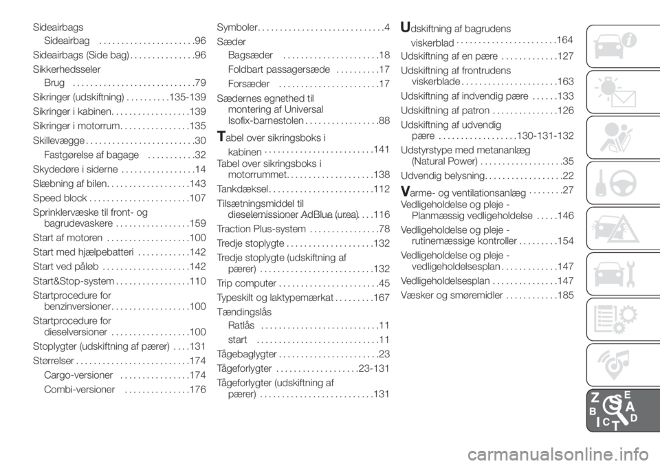 FIAT FIORINO 2019  Brugs- og vedligeholdelsesvejledning (in Danish) Sideairbags
Sideairbag......................96
Sideairbags (Side bag)...............96
Sikkerhedsseler
Brug............................79
Sikringer (udskiftning)..........135-139
Sikringer i kabinen..
