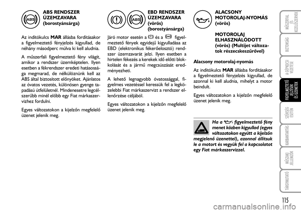FIAT FIORINO 2008  Kezelési és karbantartási útmutató (in Hungarian) ABS RENDSZER 
ÜZEMZAVARA
(borostyánsárga)
Az indítókulcs MARállásba fordításakor
a figyelmeztetõ fényjelzés kigyullad, de
néhány másodperc múlva ki kell aludnia. 
A mûszerfali figyelm