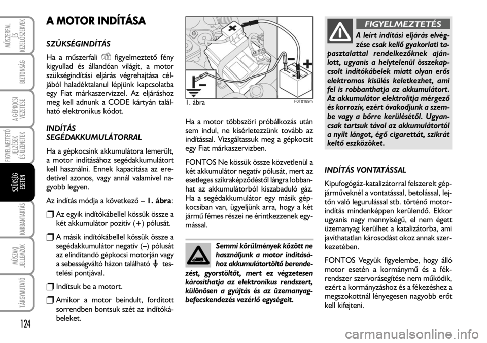 FIAT FIORINO 2008 Kezelési és karbantartási útmutató (in Hungarian) A MMOTOR IINDÍTÁSA
SZÜKSÉGINDÍTÁS
Ha a mûszerfali
Yfigyelmeztetõ fény
kigyullad és állandóan világít, a motor
szükségindítási eljárás végrehajtása cél-
jából haladéktalanul FIAT FIORINO 2008 Kezelési és karbantartási útmutató (in Hungarian) A MMOTOR IINDÍTÁSA
SZÜKSÉGINDÍTÁS
Ha a mûszerfali
Yfigyelmeztetõ fény
kigyullad és állandóan világít, a motor
szükségindítási eljárás végrehajtása cél-
jából haladéktalanul