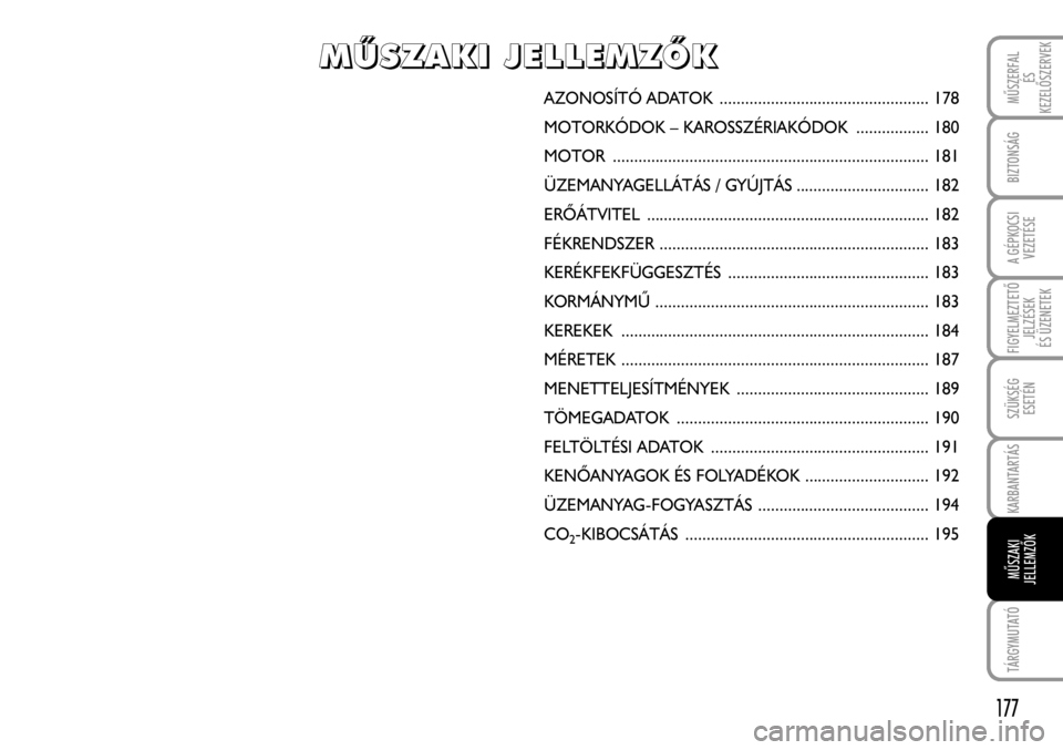 FIAT FIORINO 2008 Kezelési és karbantartási útmutató (in Hungarian) 177
A GÉPKOCSI
VEZETÉSE
FIGYELMEZTETÕ
JELZÉSEK
ÉS ÜZENETEK
TÁRGYMUTATÓ
BIZTONSÁG
MÛSZERFAL
ÉS
KEZELÕSZERVEK
SZÜKSÉG
ESETÉN
AZONOSÍTÓ ADATOK .......................................... FIAT FIORINO 2008 Kezelési és karbantartási útmutató (in Hungarian) 177
A GÉPKOCSI
VEZETÉSE
FIGYELMEZTETÕ
JELZÉSEK
ÉS ÜZENETEK
TÁRGYMUTATÓ
BIZTONSÁG
MÛSZERFAL
ÉS
KEZELÕSZERVEK
SZÜKSÉG
ESETÉN
AZONOSÍTÓ ADATOK ..........................................