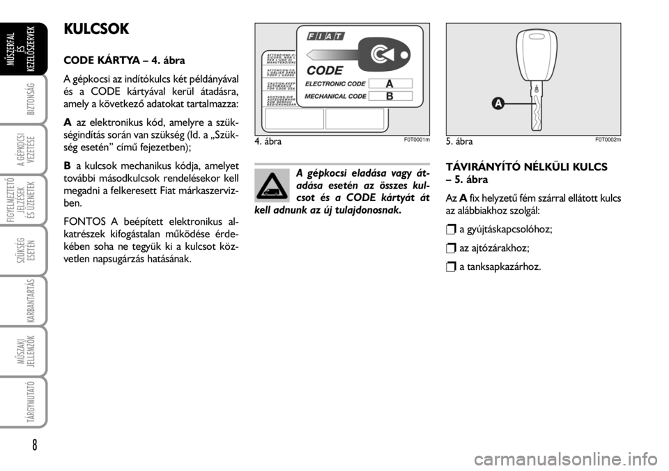 FIAT FIORINO 2008  Kezelési és karbantartási útmutató (in Hungarian) KULCSOK
CODE KÁRTYA – 4. ábra
A gépkocsi az indítókulcs két példányával
és a CODE kártyával kerül átadásra,
amely a következõ adatokat tartalmazza:
Aaz elektronikus kód, amelyre a 