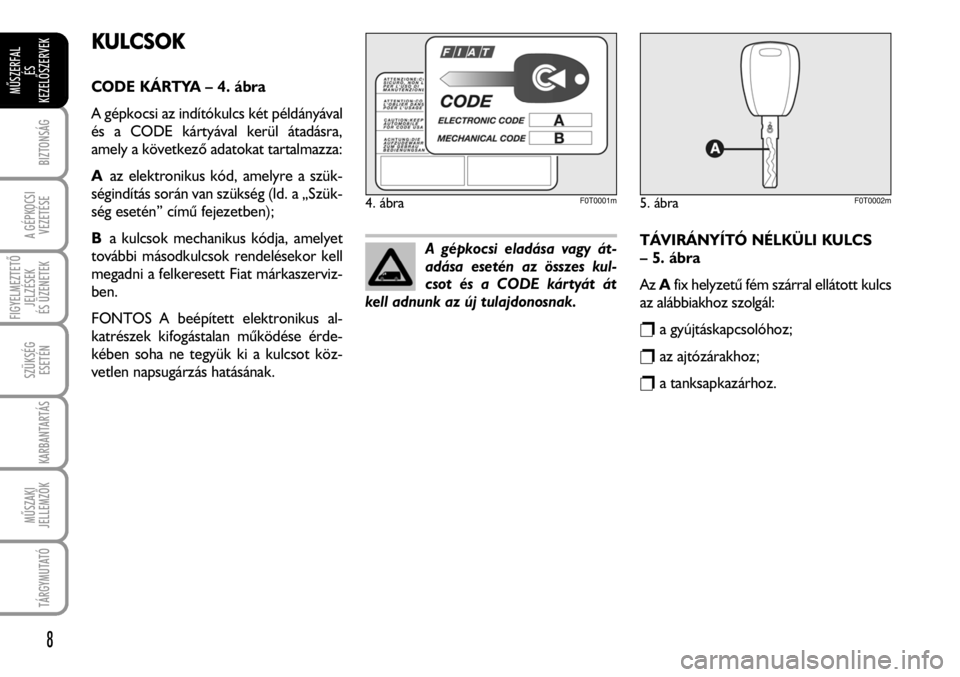 FIAT FIORINO 2008 Kezelési és karbantartási útmutató (in Hungarian) KULCSOK
CODE KÁRTYA – 4. ábra
A gépkocsi az indítókulcs két példányával
és a CODE kártyával kerül átadásra,
amely a következõ adatokat tartalmazza:
Aaz elektronikus kód, amelyre a FIAT FIORINO 2008 Kezelési és karbantartási útmutató (in Hungarian) KULCSOK
CODE KÁRTYA – 4. ábra
A gépkocsi az indítókulcs két példányával
és a CODE kártyával kerül átadásra,
amely a következõ adatokat tartalmazza:
Aaz elektronikus kód, amelyre a