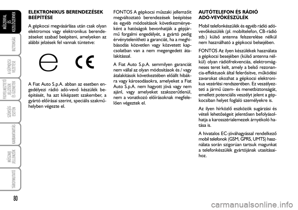 FIAT FIORINO 2008  Kezelési és karbantartási útmutató (in Hungarian) ELEKTRONIKUS BERENDEZÉSEK
BEÉPÍTÉSE
A gépkocsi megvásárlása után csak olyan
elektromos vagy elektronikus berende-
zéseket szabad beépíteni, amelyeken az
alábbi jelzések fel vannak tünte