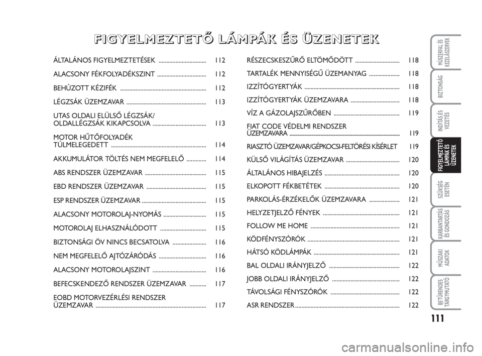 FIAT FIORINO 2009 Kezelési és karbantartási útmutató (in Hungarian) 111
SZÜKSÉG
ESETÉN
KARBANTARTÁS
ÉS GONDOZÁS
MŰSZAKI
ADATOK
BETŰRENDES
TÁ R G Y M U TAT Ó
MÙSZERFAL ÉS
KEZELÃSZERVEK
BIZTONSÁG
INDÍTÁS ÉS
VEZETÉS
FIGYELMEZTETŐ
LÁMPÁK ÉS
ÜZENETEK FIAT FIORINO 2009 Kezelési és karbantartási útmutató (in Hungarian) 111
SZÜKSÉG
ESETÉN
KARBANTARTÁS
ÉS GONDOZÁS
MŰSZAKI
ADATOK
BETŰRENDES
TÁ R G Y M U TAT Ó
MÙSZERFAL ÉS
KEZELÃSZERVEK
BIZTONSÁG
INDÍTÁS ÉS
VEZETÉS
FIGYELMEZTETŐ
LÁMPÁK ÉS
ÜZENETEK