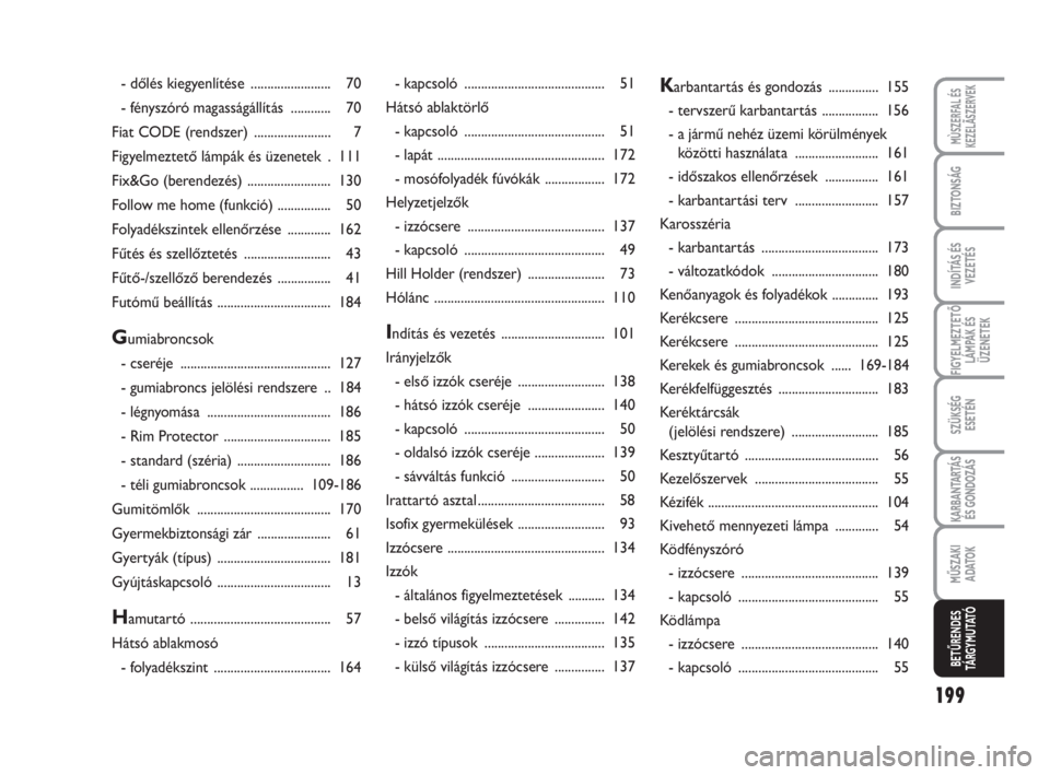 FIAT FIORINO 2014  Kezelési és karbantartási útmutató (in Hungarian) 199
FIGYELMEZTETŐ
LÁMPÁK ÉS
ÜZENETEK
MÙSZERFAL ÉS
KEZELÃSZERVEK
BIZTONSÁG
INDÍTÁS ÉS
VEZETÉS
SZÜKSÉG
ESETÉN
KARBANTARTÁS
ÉS GONDOZÁS
MŰSZAKI
ADATOK
BETŰRENDES
TÁ R G Y M U TAT Ó