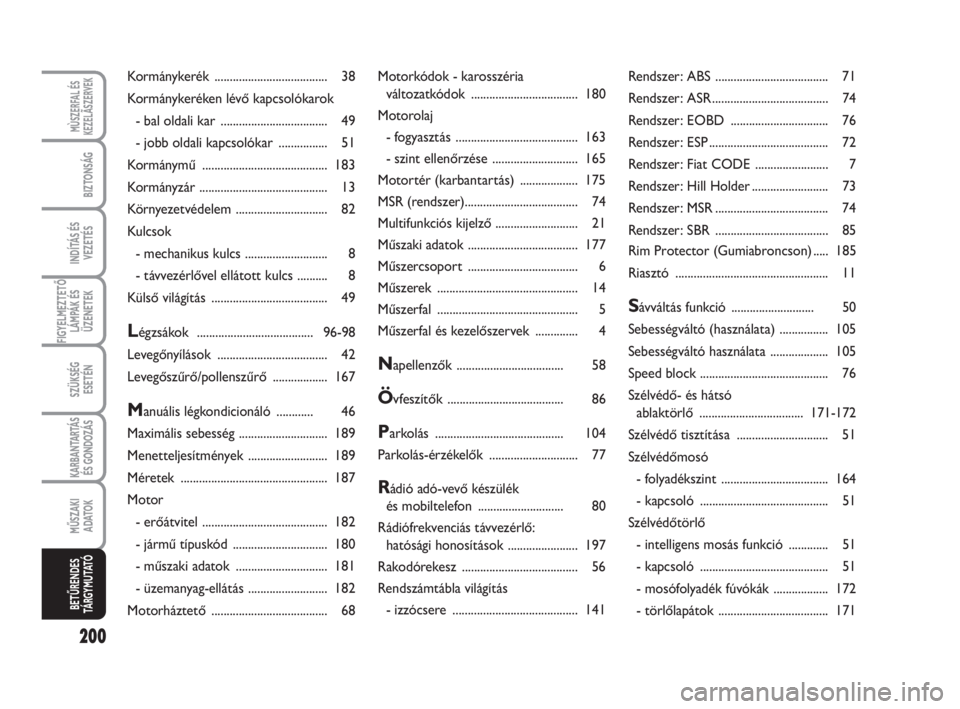 FIAT FIORINO 2015  Kezelési és karbantartási útmutató (in Hungarian) 200
FIGYELMEZTETŐ
LÁMPÁK ÉS
ÜZENETEK
MÙSZERFAL ÉS
KEZELÃSZERVEK
BIZTONSÁG
INDÍTÁS ÉS
VEZETÉS
SZÜKSÉG
ESETÉN
KARBANTARTÁS
ÉS GONDOZÁS
MŰSZAKI
ADATOK
BETŰRENDES
TÁ R G Y M U TAT Ó