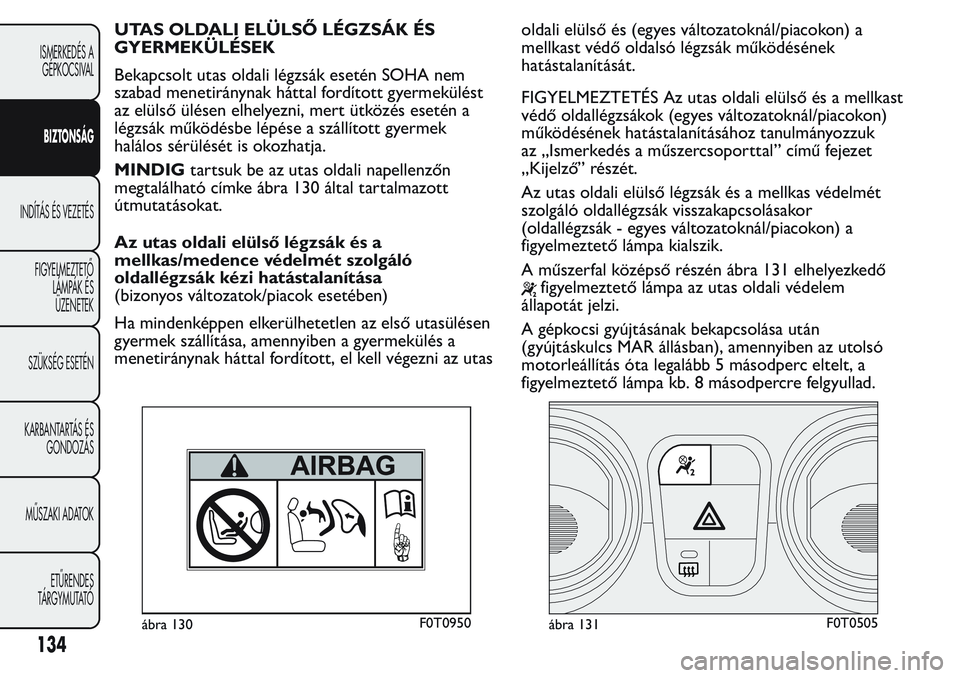 FIAT FIORINO 2017 Kezelési és karbantartási útmutató (in Hungarian) UTAS OLDALI ELÜLSŐ LÉGZSÁK ÉS
GYERMEKÜLÉSEK
Bekapcsolt utas oldali légzsák esetén SOHA nem
szabad menetiránynak háttal fordított gyermekülést
az elülső ülésen elhelyezni, mert ütk FIAT FIORINO 2017 Kezelési és karbantartási útmutató (in Hungarian) UTAS OLDALI ELÜLSŐ LÉGZSÁK ÉS
GYERMEKÜLÉSEK
Bekapcsolt utas oldali légzsák esetén SOHA nem
szabad menetiránynak háttal fordított gyermekülést
az elülső ülésen elhelyezni, mert ütk
