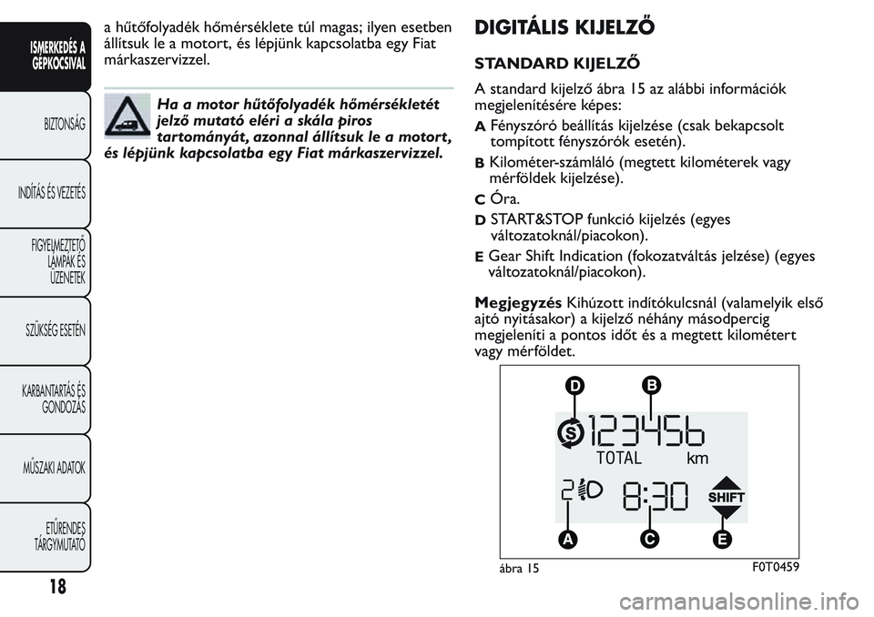 FIAT FIORINO 2017  Kezelési és karbantartási útmutató (in Hungarian) a hűtőfolyadék hőmérséklete túl magas; ilyen esetben
állítsuk le a motort, és lépjünk kapcsolatba egy Fiat
márkaszervizzel.
Ha a motor hűtőfolyadék hőmérsékletét
jelző mutató el