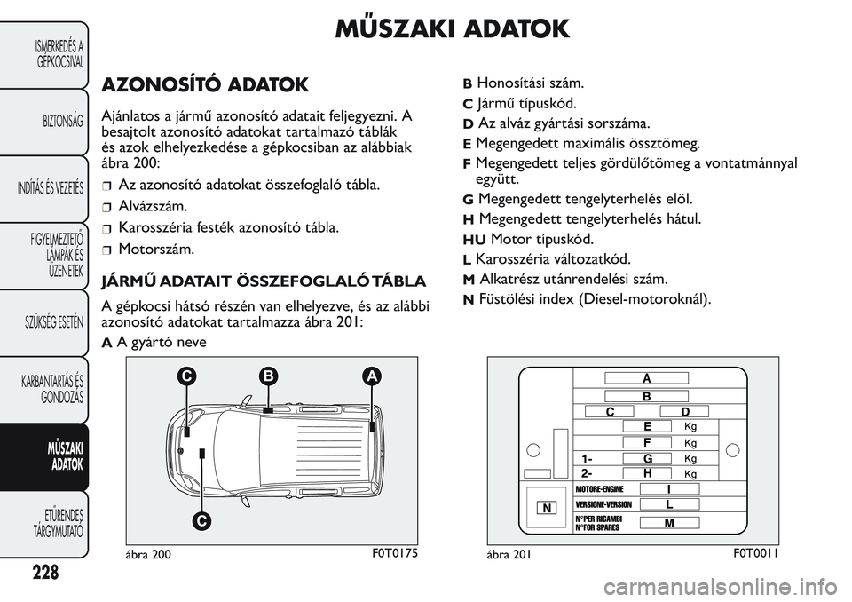 FIAT FIORINO 2017 Kezelési és karbantartási útmutató (in Hungarian) MŰSZAKI ADATOK
AZONOSÍTÓ ADATOK
Ajánlatos a jármű azonosító adatait feljegyezni. A
besajtolt azonosító adatokat tartalmazó táblák
és azok elhelyezkedése a gépkocsiban az alábbiak
ábr FIAT FIORINO 2017 Kezelési és karbantartási útmutató (in Hungarian) MŰSZAKI ADATOK
AZONOSÍTÓ ADATOK
Ajánlatos a jármű azonosító adatait feljegyezni. A
besajtolt azonosító adatokat tartalmazó táblák
és azok elhelyezkedése a gépkocsiban az alábbiak
ábr
