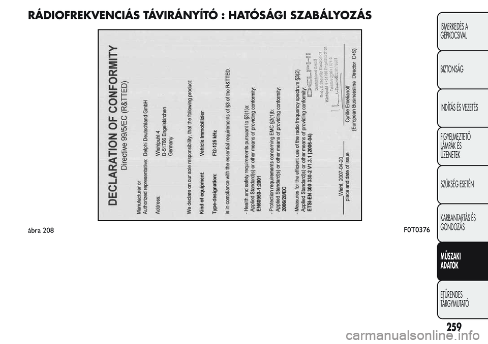 FIAT FIORINO 2017  Kezelési és karbantartási útmutató (in Hungarian) RÁDIOFREKVENCIÁS TÁVIRÁNYÍTÓ : HATÓSÁGI SZABÁLYOZÁS
ábra 208F0T0376
259
ISMERKEDÉS A
GÉPKOCSIVAL
BIZTONSÁG
INDÍTÁS ÉS VEZETÉS
FIGYELMEZTETŐ
LÁMPÁK ÉS
ÜZENETEK
SZÜKSÉG ESETÉN
