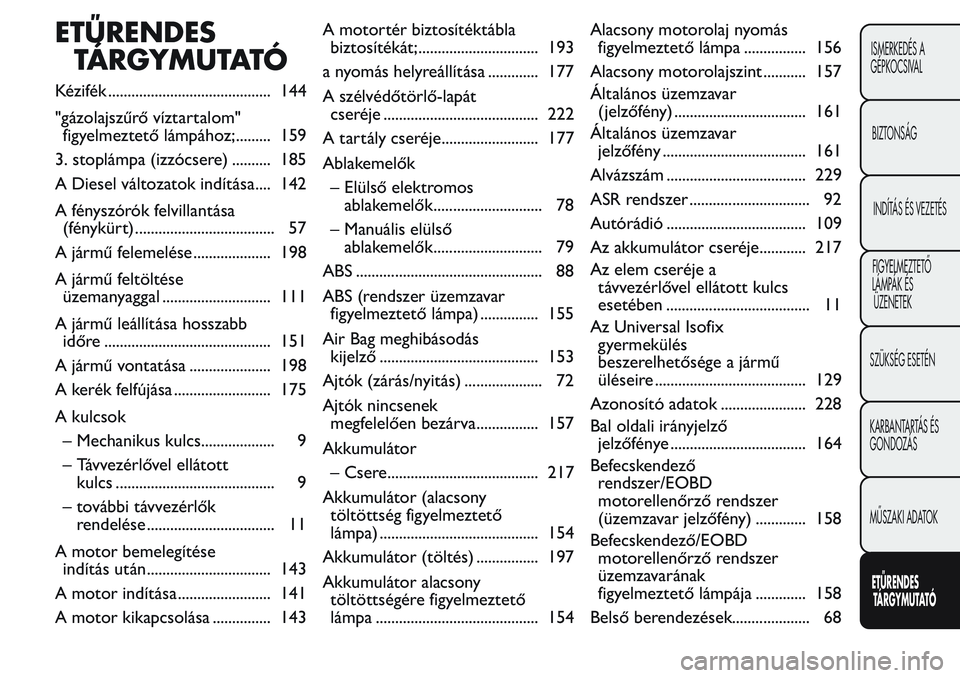 FIAT FIORINO 2017  Kezelési és karbantartási útmutató (in Hungarian) ETŰRENDES
TÁRGYMUTATÓ
Kézifék .......................................... 144
"gázolajszűrő víztartalom"
figyelmeztető lámpához;......... 159
3. stoplámpa (izzócsere) .......... 1