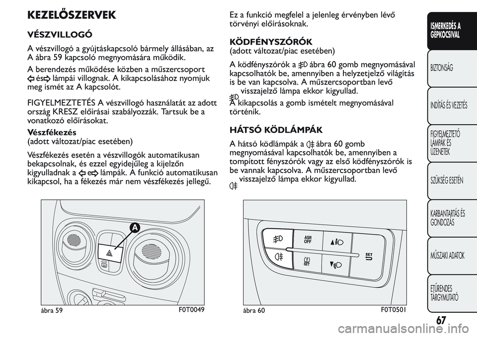 FIAT FIORINO 2017 Kezelési és karbantartási útmutató (in Hungarian) KEZELŐSZERVEK
VÉSZVILLOGÓ
A vészvillogó a gyújtáskapcsoló bármely állásában, az
A ábra 59 kapcsoló megnyomására működik.
A berendezés működése közben a műszercsoport
éslámpá FIAT FIORINO 2017 Kezelési és karbantartási útmutató (in Hungarian) KEZELŐSZERVEK
VÉSZVILLOGÓ
A vészvillogó a gyújtáskapcsoló bármely állásában, az
A ábra 59 kapcsoló megnyomására működik.
A berendezés működése közben a műszercsoport
éslámpá