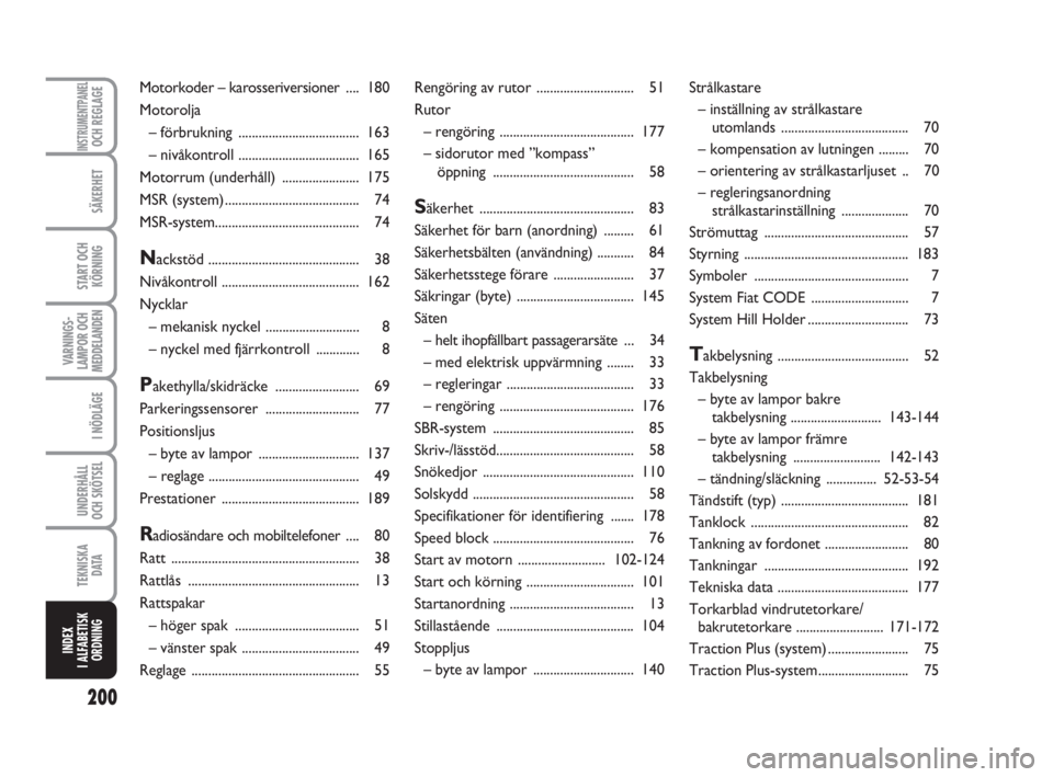 FIAT FIORINO 2009  Drift- och underhållshandbok (in Swedish) 200
SÄKERHET
START OCH
KÖRNING
VARNINGS-
LAMPOR OCH
MEDDELANDEN
I NÖDLÄGE
UNDERHÅLL
OCH SKÖTSEL 
TEKNISKA
D ATA
INDEX
I ALFABETISK
ORDNING
INSTRUMENTPANELOCH REGLAGE
Rengöring av rutor ........