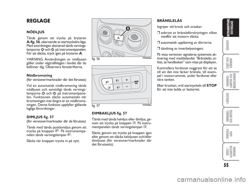 FIAT FIORINO 2009  Drift- och underhållshandbok (in Swedish) 55
SÄKERHET
START OCH
KÖRNING
VARNINGS-
LAMPOR OCH
MEDDELANDEN
I NÖDLÄGE
UNDERHÅLL
OCH SKÖTSEL
TEKNISKA
D ATA
INDEX I
ALFABETISK
ORDNING
INSTRUMENTPANEL
OCH REGLAGE
REGLAGE
NÖDLJUS
Tänds genom