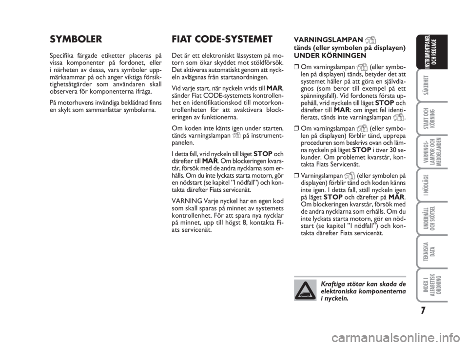 FIAT FIORINO 2009  Drift- och underhållshandbok (in Swedish) 7
SÄKERHET
START OCH
KÖRNING
VARNINGS-
LAMPOR OCH
MEDDELANDEN
I NÖDLÄGE
UNDERHÅLL
OCH SKÖTSEL
TEKNISKA
D ATA
INDEX I
ALFABETISK
ORDNING
INSTRUMENTPANEL
OCH REGLAGE
FIAT CODE-SYSTEMET
Det är ett