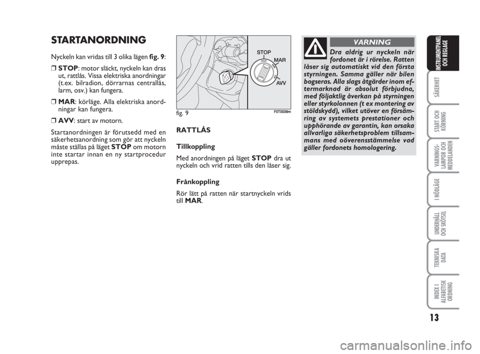 FIAT FIORINO 2013  Drift- och underhållshandbok (in Swedish) 13
SÄKERHET
START OCH
KÖRNING
VARNINGS-
LAMPOR OCH
MEDDELANDEN
I NÖDLÄGE
UNDERHÅLL
OCH SKÖTSEL
TEKNISKA
D ATA
INDEX I
ALFABETISK
ORDNING
INSTRUMENTPANEL
OCH REGLAGE
fig. 9F0T0039m
Dra aldrig ur 