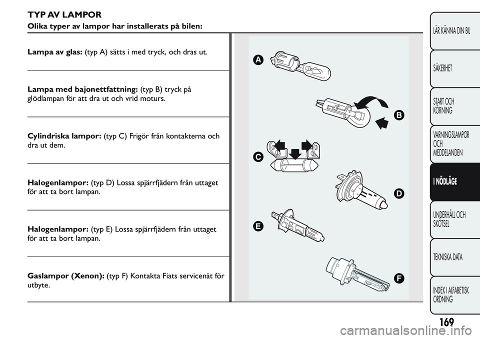 FIAT FIORINO 2017  Drift- och underhållshandbok (in Swedish) TYP AV LAMPOR
Olika typer av lampor har installerats på bilen:
Lampa av glas:(typ A) sätts i med tryck, och dras ut.
Lampa med bajonettfattning:(typ B) tryck på
glödlampan för att dra ut och vrid