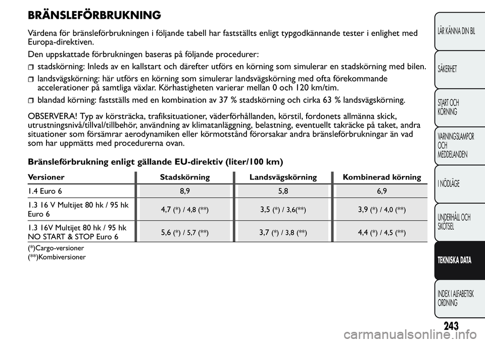 FIAT FIORINO 2017  Drift- och underhållshandbok (in Swedish) BRÄNSLEFÖRBRUKNING
Värdena för bränsleförbrukningen i följande tabell har fastställts enligt typgodkännande tester i enlighet med
Europa-direktiven.
Den uppskattade förbrukningen baseras på