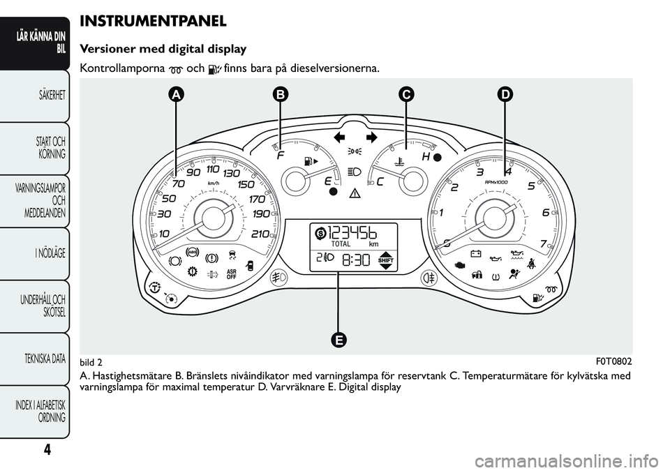 FIAT FIORINO 2017 Drift- och underhållshandbok (in Swedish) INSTRUMENTPANEL
Versioner med digital display
Kontrollamporna
ochfinns bara på dieselversionerna.
A. Hastighetsmätare B. Bränslets nivåindikator med varningslampa för reservtank C. Temperaturmät FIAT FIORINO 2017 Drift- och underhållshandbok (in Swedish) INSTRUMENTPANEL
Versioner med digital display
Kontrollamporna
ochfinns bara på dieselversionerna.
A. Hastighetsmätare B. Bränslets nivåindikator med varningslampa för reservtank C. Temperaturmät