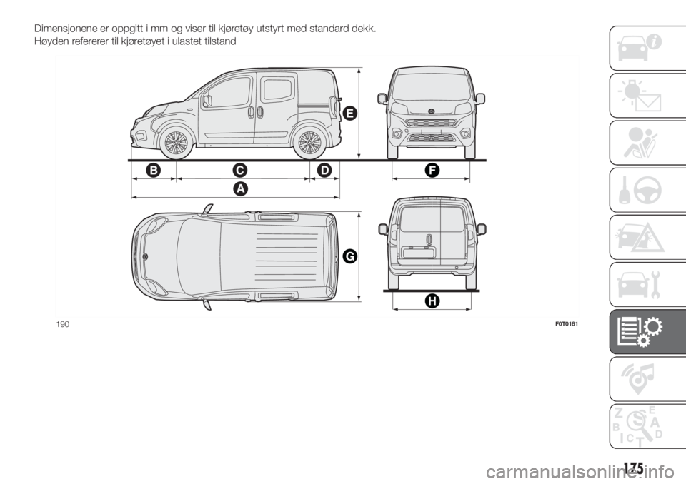 FIAT FIORINO 2019  Drift- og vedlikeholdshåndbok (in Norwegian) Dimensjonene er oppgitt i mm og viser til kjøretøy utstyrt med standard dekk.
Høyden refererer til kjøretøyet i ulastet tilstand
190F0T0161
175 