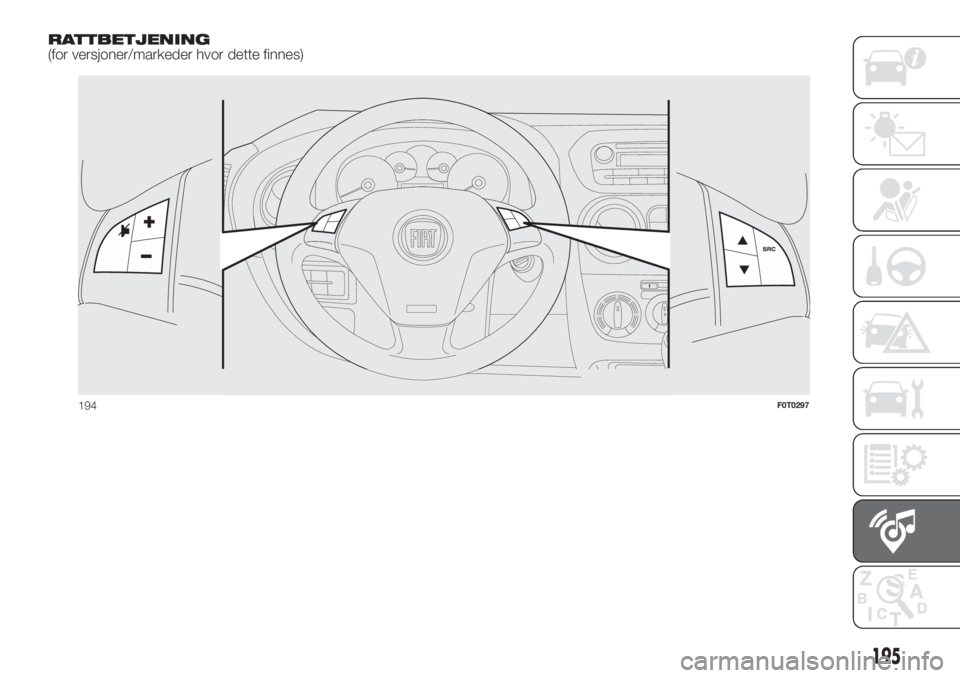 FIAT FIORINO 2019  Drift- og vedlikeholdshåndbok (in Norwegian) RATTBETJENING
(for versjoner/markeder hvor dette finnes)
F0T0297m
194F0T0297
195 