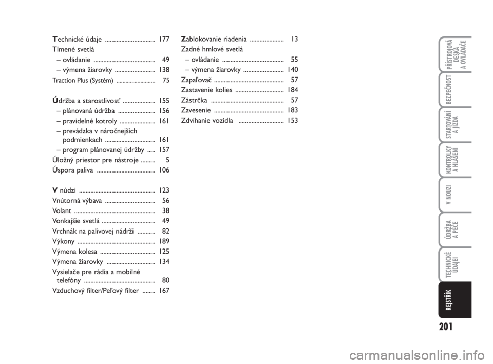 FIAT FIORINO 2012  Návod na použitie a údržbu (in Slovak) 201
KONTROLKY 
A HLÁŠENÍ
PŘÍSTROJOVÁ
DESKA 
A OVLÁDAČE
BEZPEČNOST
STARTOVÁNÍ 
A JÍZDA
V NOUZI
ÚDRŽBA 
A PÉČE
TECHNICKÉ
ÚDAJEI
REJSTŘÍK
Technické údaje  ..........................