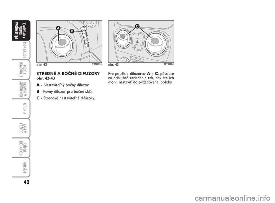 FIAT FIORINO 2012  Návod na použitie a údržbu (in Slovak) 42
BEZPEČNOST
STARTOVÁNÍ 
A JÍZDA
KONTROLKY 
A HLÁŠENÍ
V NOUZI
ÚDRŽBA 
A PÉČE 
TECHNICKÉ
ÚDAJEI
REJSTŘÍK
PŘÍSTROJOVÁ
DESKA 
A OVLÁDAČE
obr. 43F0T0030mobr. 42F0T0031m
Pre použitie 