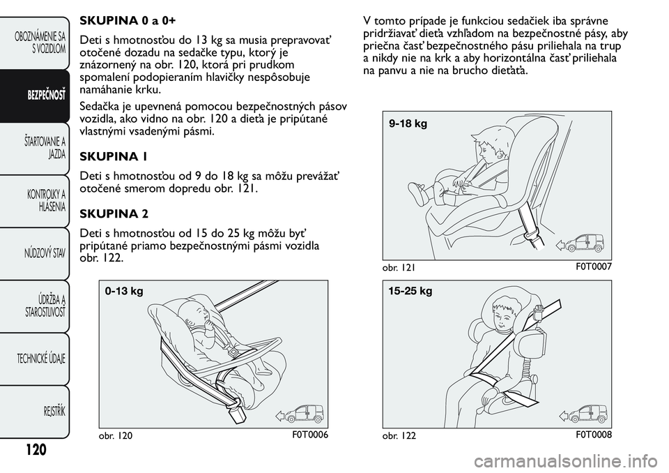 FIAT FIORINO 2017 Návod na použitie a údržbu (in Slovak) SKUPINA0a0+
Deti s hmotnosťou do 13 kg sa musia prepravovať
otočené dozadu na sedačke typu, ktorý je
znázornený na obr. 120, ktorá pri prudkom
spomalení podopieraním hlavičky nespôsobuje
FIAT FIORINO 2017 Návod na použitie a údržbu (in Slovak) SKUPINA0a0+
Deti s hmotnosťou do 13 kg sa musia prepravovať
otočené dozadu na sedačke typu, ktorý je
znázornený na obr. 120, ktorá pri prudkom
spomalení podopieraním hlavičky nespôsobuje