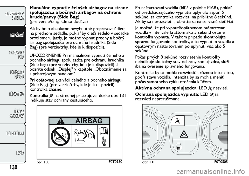 FIAT FIORINO 2017 Návod na použitie a údržbu (in Slovak) Manuálne vypnutie čelných airbagov na strane
spolujazdca a bočných airbagov na ochranu
hrude/panvy (Side Bag)
(pre verzie/trhy, kde sa dodáva)
Ak by bolo absolútne nevyhnutné prepravovať die FIAT FIORINO 2017 Návod na použitie a údržbu (in Slovak) Manuálne vypnutie čelných airbagov na strane
spolujazdca a bočných airbagov na ochranu
hrude/panvy (Side Bag)
(pre verzie/trhy, kde sa dodáva)
Ak by bolo absolútne nevyhnutné prepravovať die