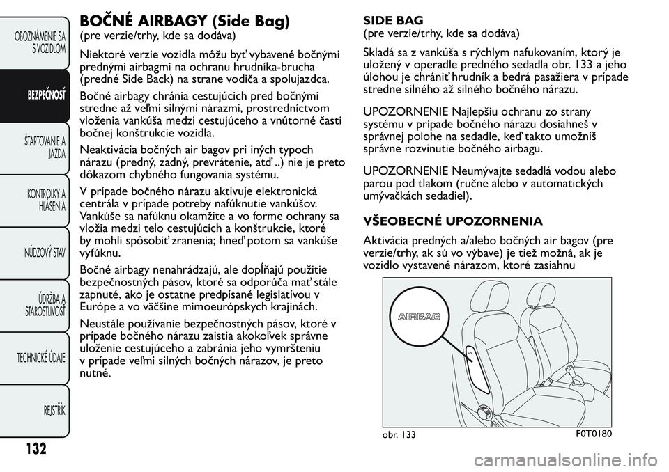 FIAT FIORINO 2017 Návod na použitie a údržbu (in Slovak) BOČNÉ AIRBAGY (Side Bag)
(pre verzie/trhy, kde sa dodáva)
Niektoré verzie vozidla môžu byť vybavené bočnými
prednými airbagmi na ochranu hrudníka-brucha
(predné Side Back) na strane vodi FIAT FIORINO 2017 Návod na použitie a údržbu (in Slovak) BOČNÉ AIRBAGY (Side Bag)
(pre verzie/trhy, kde sa dodáva)
Niektoré verzie vozidla môžu byť vybavené bočnými
prednými airbagmi na ochranu hrudníka-brucha
(predné Side Back) na strane vodi