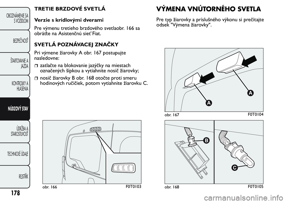 FIAT FIORINO 2017  Návod na použitie a údržbu (in Slovak) TRETIE BRZDOVÉ SVETLÁ
Verzie s krídlovými dverami
Pre výmenu tretieho brzdového svetlaobr. 166 sa
obráťte na Asistenčnú sieť Fiat.
SVETLÁ POZNÁVACEJ ZNAČKY
Pri výmene žiarovky A obr. 1