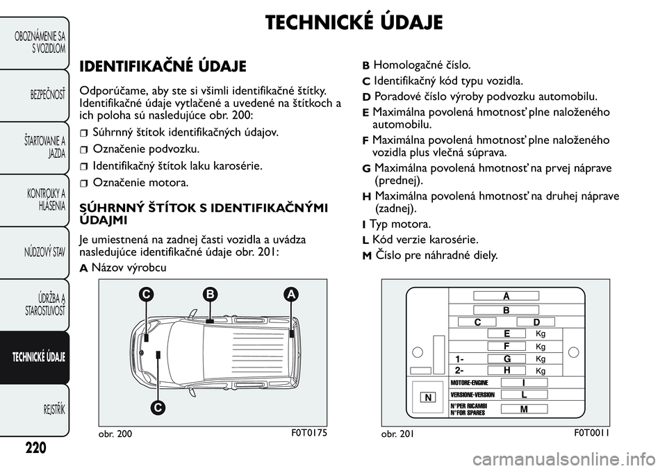 FIAT FIORINO 2017 Návod na použitie a údržbu (in Slovak) TECHNICKÉ ÚDAJE
IDENTIFIKAČNÉ ÚDAJE
Odporúčame, aby ste si všimli identifikačné štítky.
Identifikačné údaje vytlačené a uvedené na štítkoch a
ich poloha sú nasledujúce obr. 200:
FIAT FIORINO 2017 Návod na použitie a údržbu (in Slovak) TECHNICKÉ ÚDAJE
IDENTIFIKAČNÉ ÚDAJE
Odporúčame, aby ste si všimli identifikačné štítky.
Identifikačné údaje vytlačené a uvedené na štítkoch a
ich poloha sú nasledujúce obr. 200: