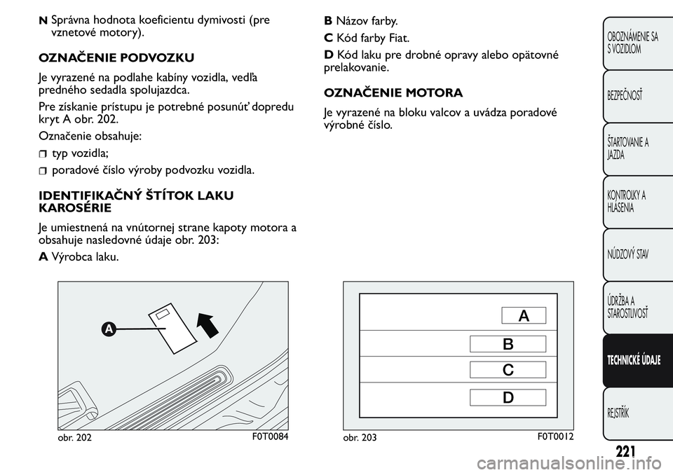 FIAT FIORINO 2017 Návod na použitie a údržbu (in Slovak) NSprávna hodnota koeficientu dymivosti (pre
vznetové motory).
OZNAČENIE PODVOZKU
Je vyrazené na podlahe kabíny vozidla, vedľa
predného sedadla spolujazdca.
Pre získanie prístupu je potrebné FIAT FIORINO 2017 Návod na použitie a údržbu (in Slovak) NSprávna hodnota koeficientu dymivosti (pre
vznetové motory).
OZNAČENIE PODVOZKU
Je vyrazené na podlahe kabíny vozidla, vedľa
predného sedadla spolujazdca.
Pre získanie prístupu je potrebné