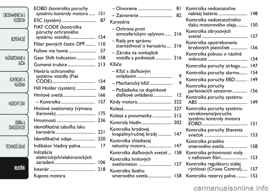 FIAT FIORINO 2017  Návod na použitie a údržbu (in Slovak) EOBD (kontrolka poruchy
systému kontroly motora ...... 151
ESC (systém) ............................... 87
FIAT CODE (kontrolka
poruchy ochranného
systému vozidla) ....................... 154
Filt
