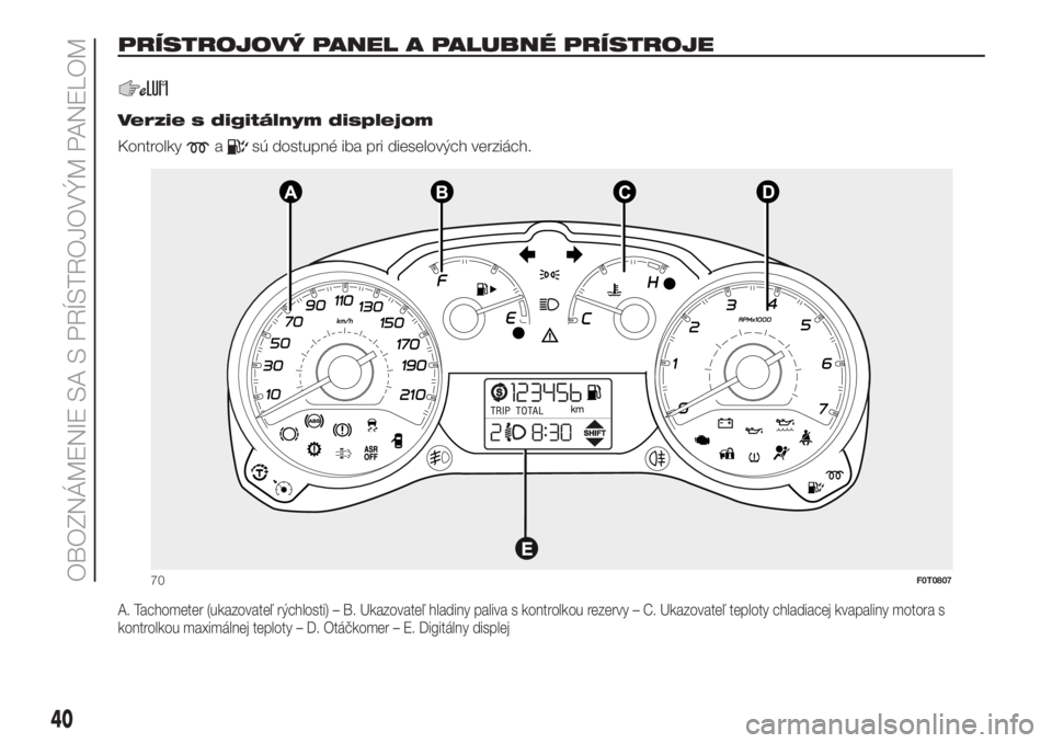 FIAT FIORINO 2018  Návod na použitie a údržbu (in Slovak) PRÍSTROJOVÝ PANEL A PALUBNÉ PRÍSTROJE.
.
Verzie s digitálnym displejom
Kontrolky
asú dostupné iba pri dieselových verziách.
A. Tachometer (ukazovateľ rýchlosti) – B. Ukazovateľ hladiny p