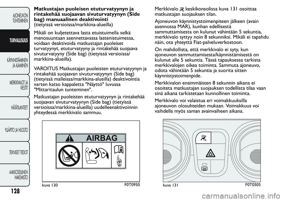 FIAT FIORINO 2017 Käyttö- ja huolto-ohjekirja (in in Finnish) Matkustajan puoleisen etuturvatyynyn ja
rintakehää suojaavan sivuturvatyynyn (Side
bag) manuaalinen deaktivointi
(tietyissä versioissa/markkina-alueilla)
Mikäli on kuljetettava lasta etuistuimella FIAT FIORINO 2017 Käyttö- ja huolto-ohjekirja (in in Finnish) Matkustajan puoleisen etuturvatyynyn ja
rintakehää suojaavan sivuturvatyynyn (Side
bag) manuaalinen deaktivointi
(tietyissä versioissa/markkina-alueilla)
Mikäli on kuljetettava lasta etuistuimella
