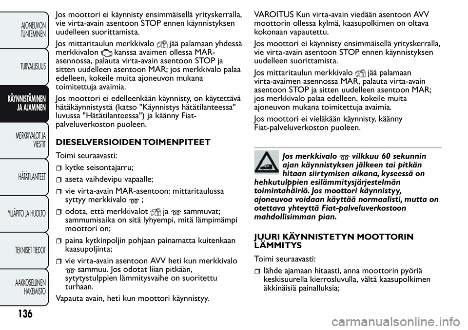 FIAT FIORINO 2017 Käyttö- ja huolto-ohjekirja (in in Finnish) Jos moottori ei käynnisty ensimmäisellä yrityskerralla,
vie virta-avain asentoon STOP ennen käynnistyksen
uudelleen suorittamista.
Jos mittaritaulun merkkivalo
jää palamaan yhdessä
merkkivalon
FIAT FIORINO 2017 Käyttö- ja huolto-ohjekirja (in in Finnish) Jos moottori ei käynnisty ensimmäisellä yrityskerralla,
vie virta-avain asentoon STOP ennen käynnistyksen
uudelleen suorittamista.
Jos mittaritaulun merkkivalo
jää palamaan yhdessä
merkkivalon