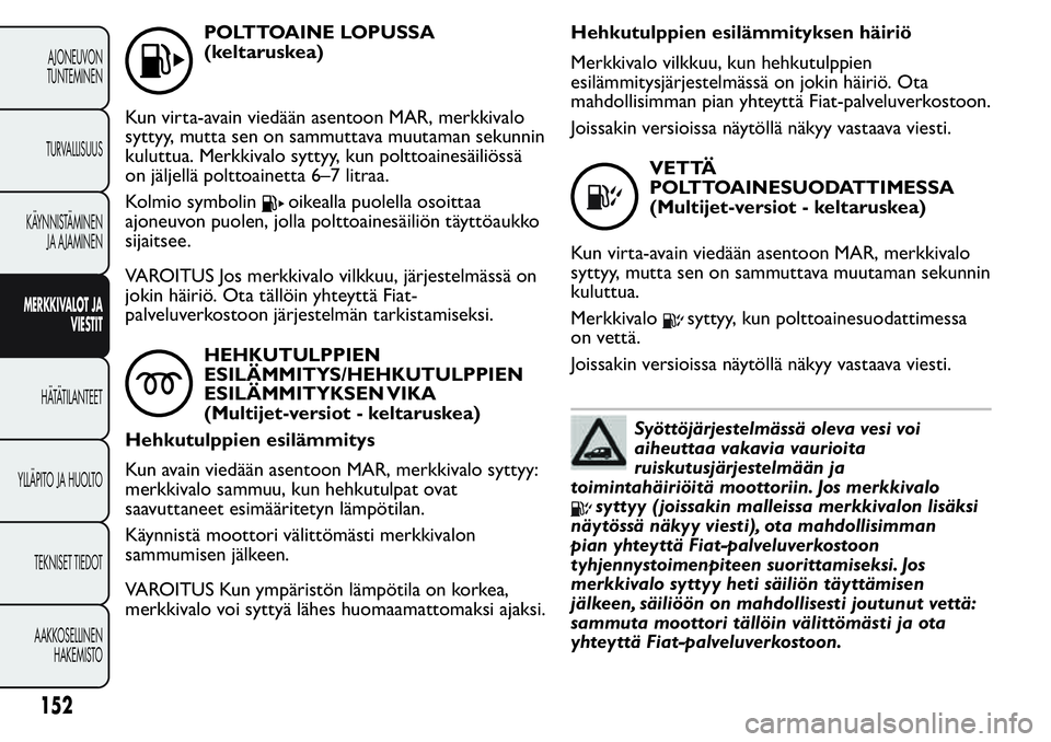 FIAT FIORINO 2017 Käyttö- ja huolto-ohjekirja (in in Finnish) POLTTOAINE LOPUSSA
(keltaruskea)
Kun virta-avain viedään asentoon MAR, merkkivalo
syttyy, mutta sen on sammuttava muutaman sekunnin
kuluttua. Merkkivalo syttyy, kun polttoainesäiliössä
on jäljel FIAT FIORINO 2017 Käyttö- ja huolto-ohjekirja (in in Finnish) POLTTOAINE LOPUSSA
(keltaruskea)
Kun virta-avain viedään asentoon MAR, merkkivalo
syttyy, mutta sen on sammuttava muutaman sekunnin
kuluttua. Merkkivalo syttyy, kun polttoainesäiliössä
on jäljel