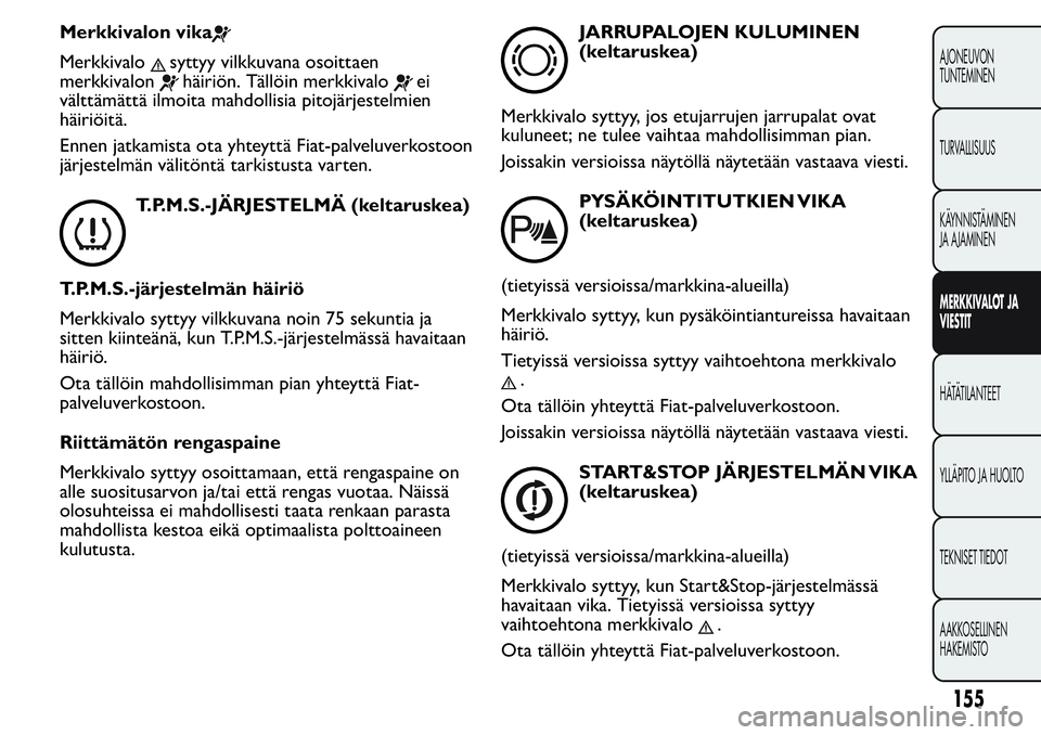 FIAT FIORINO 2017 Käyttö- ja huolto-ohjekirja (in in Finnish) Merkkivalon vika
Merkkivalosyttyy vilkkuvana osoittaen
merkkivalon
häiriön. Tällöin merkkivaloei
välttämättä ilmoita mahdollisia pitojärjestelmien
häiriöitä.
Ennen jatkamista ota yhteyttä FIAT FIORINO 2017 Käyttö- ja huolto-ohjekirja (in in Finnish) Merkkivalon vika
Merkkivalosyttyy vilkkuvana osoittaen
merkkivalon
häiriön. Tällöin merkkivaloei
välttämättä ilmoita mahdollisia pitojärjestelmien
häiriöitä.
Ennen jatkamista ota yhteyttä