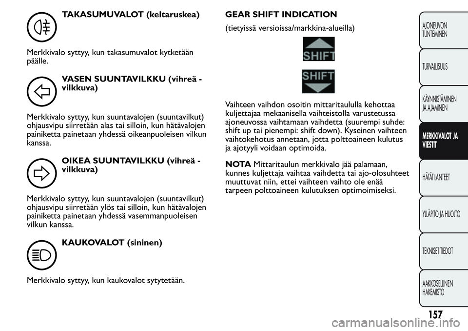 FIAT FIORINO 2017 Käyttö- ja huolto-ohjekirja (in in Finnish) TAKASUMUVALOT (keltaruskea)
Merkkivalo syttyy, kun takasumuvalot kytketään
päälle.
VASEN SUUNTAVILKKU (vihreä -
vilkkuva)
Merkkivalo syttyy, kun suuntavalojen (suuntavilkut)
ohjausvipu siirretä FIAT FIORINO 2017 Käyttö- ja huolto-ohjekirja (in in Finnish) TAKASUMUVALOT (keltaruskea)
Merkkivalo syttyy, kun takasumuvalot kytketään
päälle.
VASEN SUUNTAVILKKU (vihreä -
vilkkuva)
Merkkivalo syttyy, kun suuntavalojen (suuntavilkut)
ohjausvipu siirretä