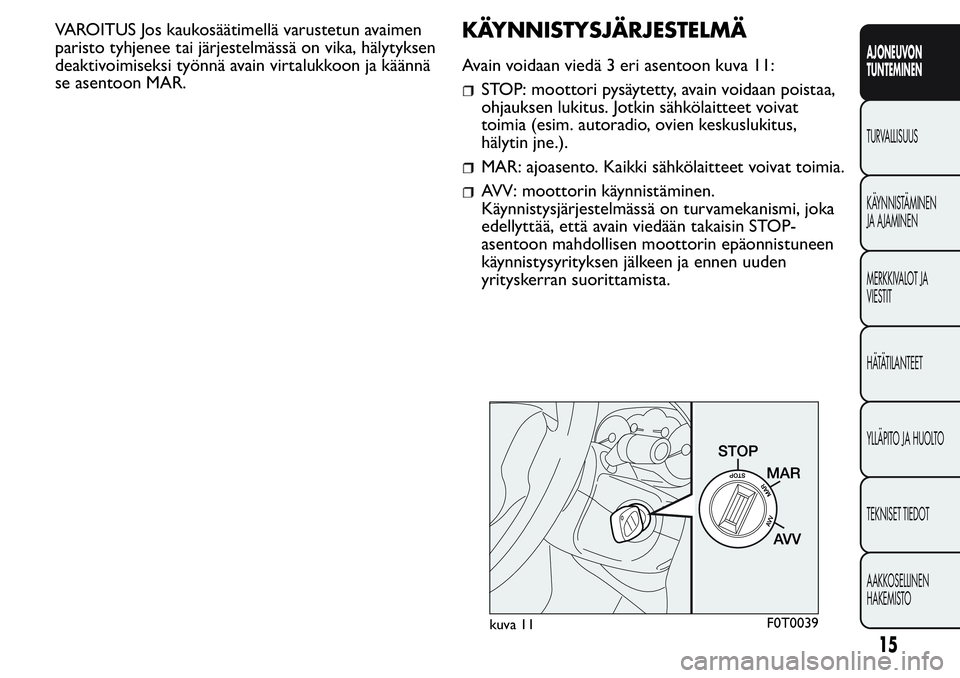 FIAT FIORINO 2017  Käyttö- ja huolto-ohjekirja (in in Finnish) VAROITUS Jos kaukosäätimellä varustetun avaimen
paristo tyhjenee tai järjestelmässä on vika, hälytyksen
deaktivoimiseksi työnnä avain virtalukkoon ja käännä
se asentoon MAR.KÄYNNISTYSJÄR