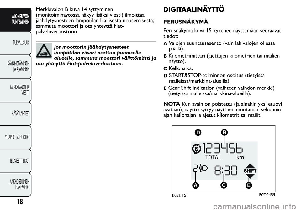 FIAT FIORINO 2016 Käyttö- ja huolto-ohjekirja (in in Finnish) Merkkivalon B kuva 14 syttyminen
(monitoiminäytössä näkyy lisäksi viesti) ilmoittaa
jäähdytysnesteen lämpötilan liiallisesta nousemisesta;
sammuta moottori ja ota yhteyttä Fiat-
palveluverko FIAT FIORINO 2016 Käyttö- ja huolto-ohjekirja (in in Finnish) Merkkivalon B kuva 14 syttyminen
(monitoiminäytössä näkyy lisäksi viesti) ilmoittaa
jäähdytysnesteen lämpötilan liiallisesta nousemisesta;
sammuta moottori ja ota yhteyttä Fiat-
palveluverko
