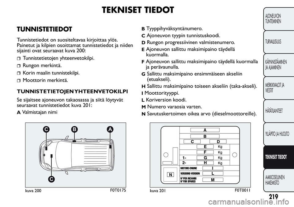 FIAT FIORINO 2017 Käyttö- ja huolto-ohjekirja (in in Finnish) TEKNISET TIEDOT
TUNNISTETIEDOT
Tunnistetiedot on suositeltavaa kirjoittaa ylös.
Painetut ja kilpien osoittamat tunnistetiedot ja niiden
sijainti ovat seuraavat kuva 200:
Tunnistetietojen yhteenvetoki FIAT FIORINO 2017 Käyttö- ja huolto-ohjekirja (in in Finnish) TEKNISET TIEDOT
TUNNISTETIEDOT
Tunnistetiedot on suositeltavaa kirjoittaa ylös.
Painetut ja kilpien osoittamat tunnistetiedot ja niiden
sijainti ovat seuraavat kuva 200:
Tunnistetietojen yhteenvetoki