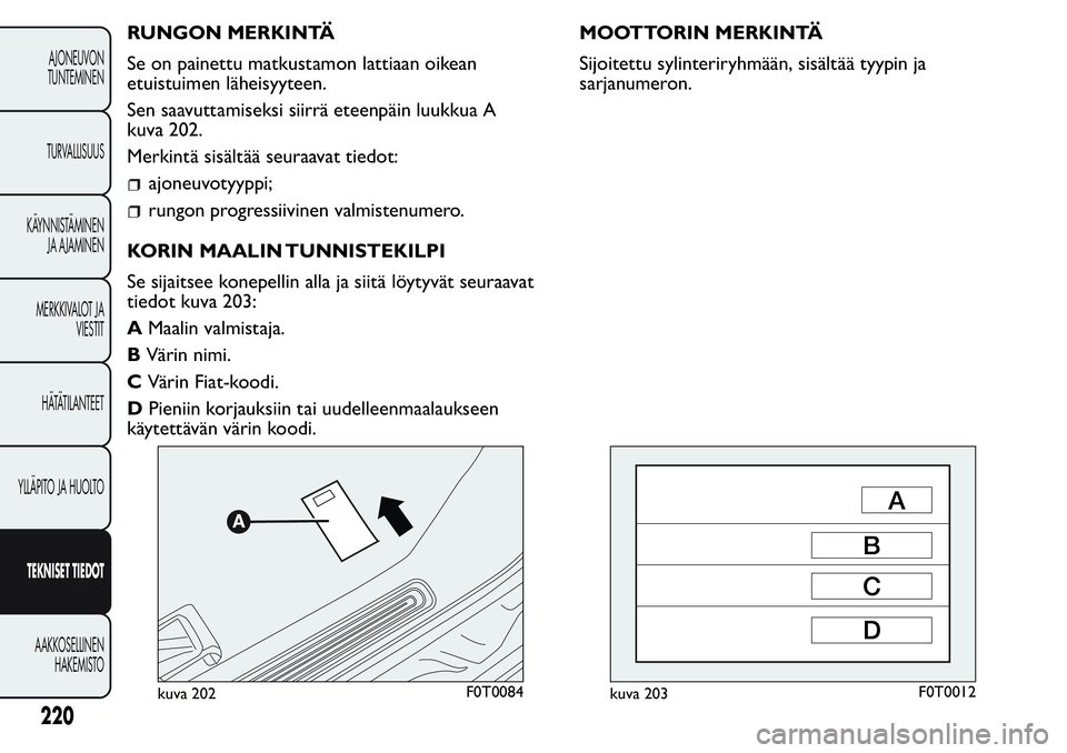 FIAT FIORINO 2017 Käyttö- ja huolto-ohjekirja (in in Finnish) RUNGON MERKINTÄ
Se on painettu matkustamon lattiaan oikean
etuistuimen läheisyyteen.
Sen saavuttamiseksi siirrä eteenpäin luukkua A
kuva 202.
Merkintä sisältää seuraavat tiedot:
ajoneuvotyyppi FIAT FIORINO 2017 Käyttö- ja huolto-ohjekirja (in in Finnish) RUNGON MERKINTÄ
Se on painettu matkustamon lattiaan oikean
etuistuimen läheisyyteen.
Sen saavuttamiseksi siirrä eteenpäin luukkua A
kuva 202.
Merkintä sisältää seuraavat tiedot:
ajoneuvotyyppi