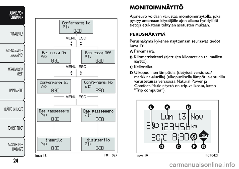FIAT FIORINO 2016 Käyttö- ja huolto-ohjekirja (in in Finnish) MONITOIMINÄYTTÖ
Ajoneuvo voidaan varustaa monitoiminäytöllä, joka
pystyy antamaan käyttäjälle ajon aikana hyödyllisiä
tietoja etukäteen tehtyjen asetusten mukaan.
PERUSNÄKYMÄ
Perusnäkym FIAT FIORINO 2016 Käyttö- ja huolto-ohjekirja (in in Finnish) MONITOIMINÄYTTÖ
Ajoneuvo voidaan varustaa monitoiminäytöllä, joka
pystyy antamaan käyttäjälle ajon aikana hyödyllisiä
tietoja etukäteen tehtyjen asetusten mukaan.
PERUSNÄKYMÄ
Perusnäkym