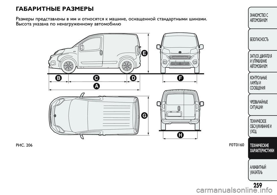 FIAT FIORINO 2019 Руководство по эксплуатации и техобслуживанию (in Russian) ГАБАРИТНЫЕ РАЗМЕРЫ
Размеры представлены в мм и относятся к машине, оснащенной стандартными шинами.
Высота ук FIAT FIORINO 2019 Руководство по эксплуатации и техобслуживанию (in Russian) ГАБАРИТНЫЕ РАЗМЕРЫ
Размеры представлены в мм и относятся к машине, оснащенной стандартными шинами.
Высота ук