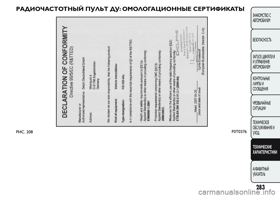 FIAT FIORINO 2019 Руководство по эксплуатации и техобслуживанию (in Russian) РАДИОЧАСТОТНЫЙ ПУЛЬТ ДУ: ОМОЛОГАЦИОННЫЕ СЕРТИФИКАТЫ
РИС. 208F0T0376
283
ЗНАКОМСТВО С
АВТОМОБИЛЕМ
БЕЗОПАСНОСТЬ
ЗАП FIAT FIORINO 2019 Руководство по эксплуатации и техобслуживанию (in Russian) РАДИОЧАСТОТНЫЙ ПУЛЬТ ДУ: ОМОЛОГАЦИОННЫЕ СЕРТИФИКАТЫ
РИС. 208F0T0376
283
ЗНАКОМСТВО С
АВТОМОБИЛЕМ
БЕЗОПАСНОСТЬ
ЗАП