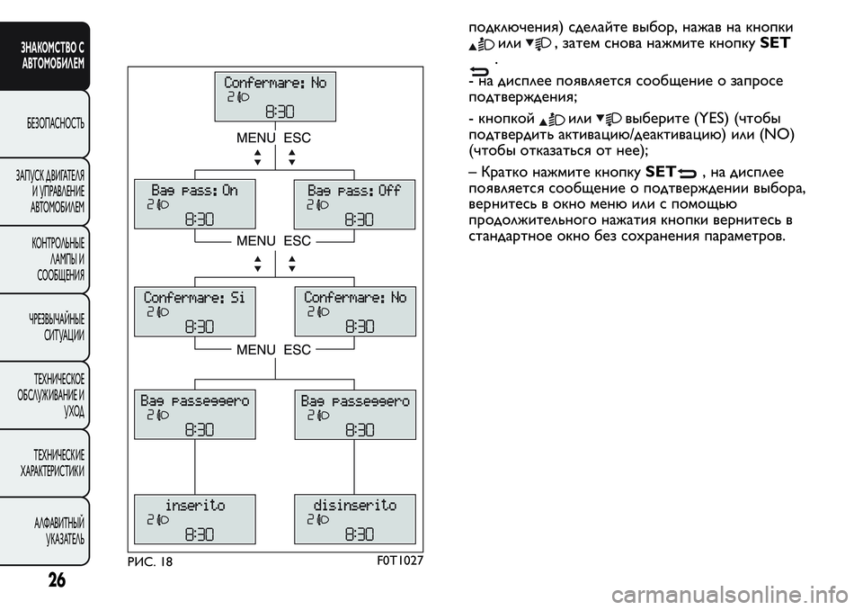 FIAT FIORINO 2018  Руководство по эксплуатации и техобслуживанию (in Russian) подключения) сделайте выбор, нажав на кнопки
или, затем снова нажмите кнопкуSET
.
- на дисплее появляется сообще