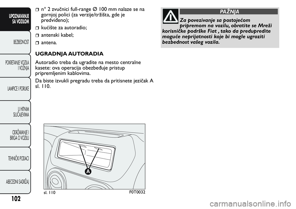 FIAT FIORINO 2017  Knjižica za upotrebu i održavanje (in Serbian) n° 2 zvučnici full-range Ø 100 mm nalaze se na
gornjoj polici (za verzije/tržišta, gde je
predviđeno);
kućište za autoradio;
antenski kabel;
antena.
UGRADNJA AUTORADIA
Autoradio treba da ugrad
